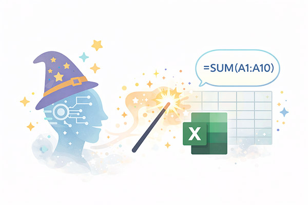 AIがExcel関数を自動生成する魔法のようなイメージ