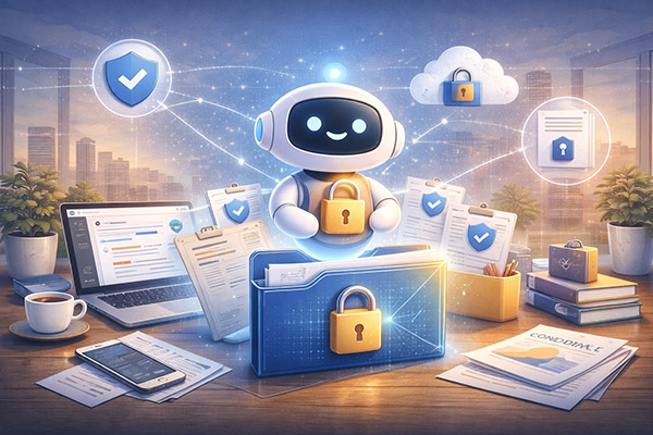 AIが機密データを安全に管理・保護しているイメージ
